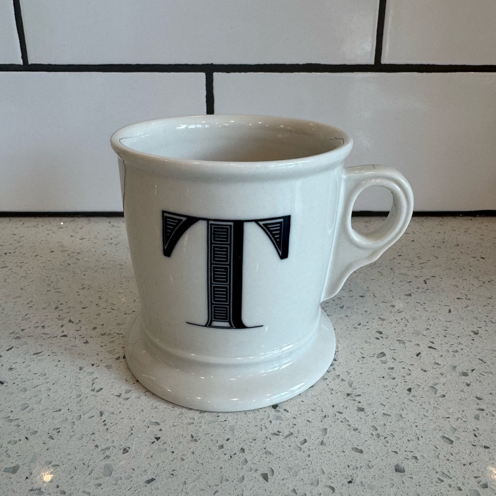 NWOT Anthropologie Monogram “T” Shaving Style Mug White w/ Black Initial